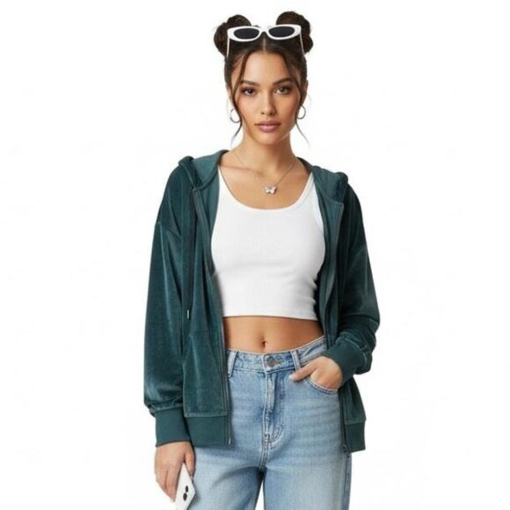 Cozy Plush Velvet Zip Hoodie‎ Jacket Womens L Green Lounge Casual Y2K Cool Girl